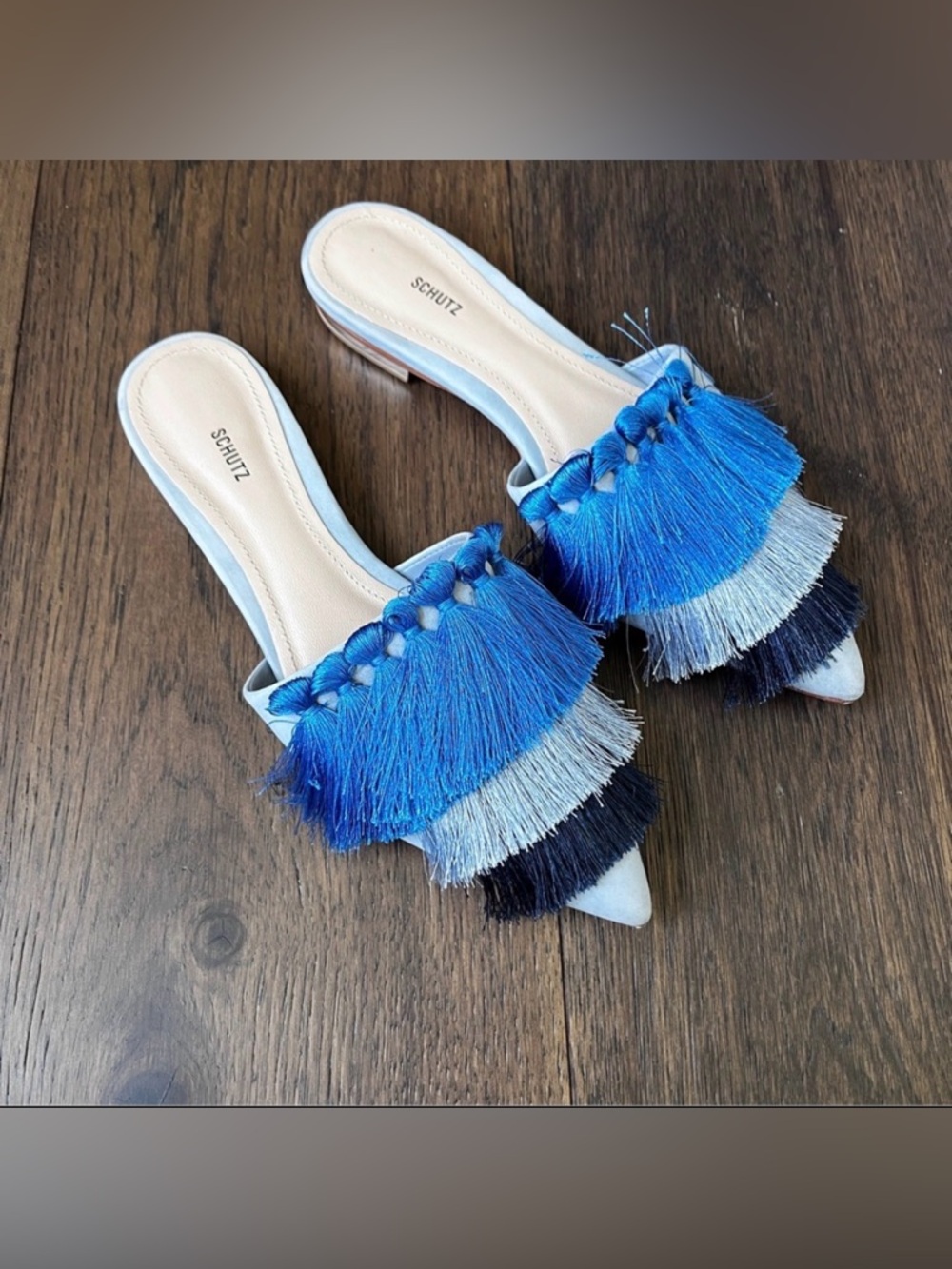 Schutz Leather Pointed Toe Mules, blue fringe Sz 6.5, preppy boho